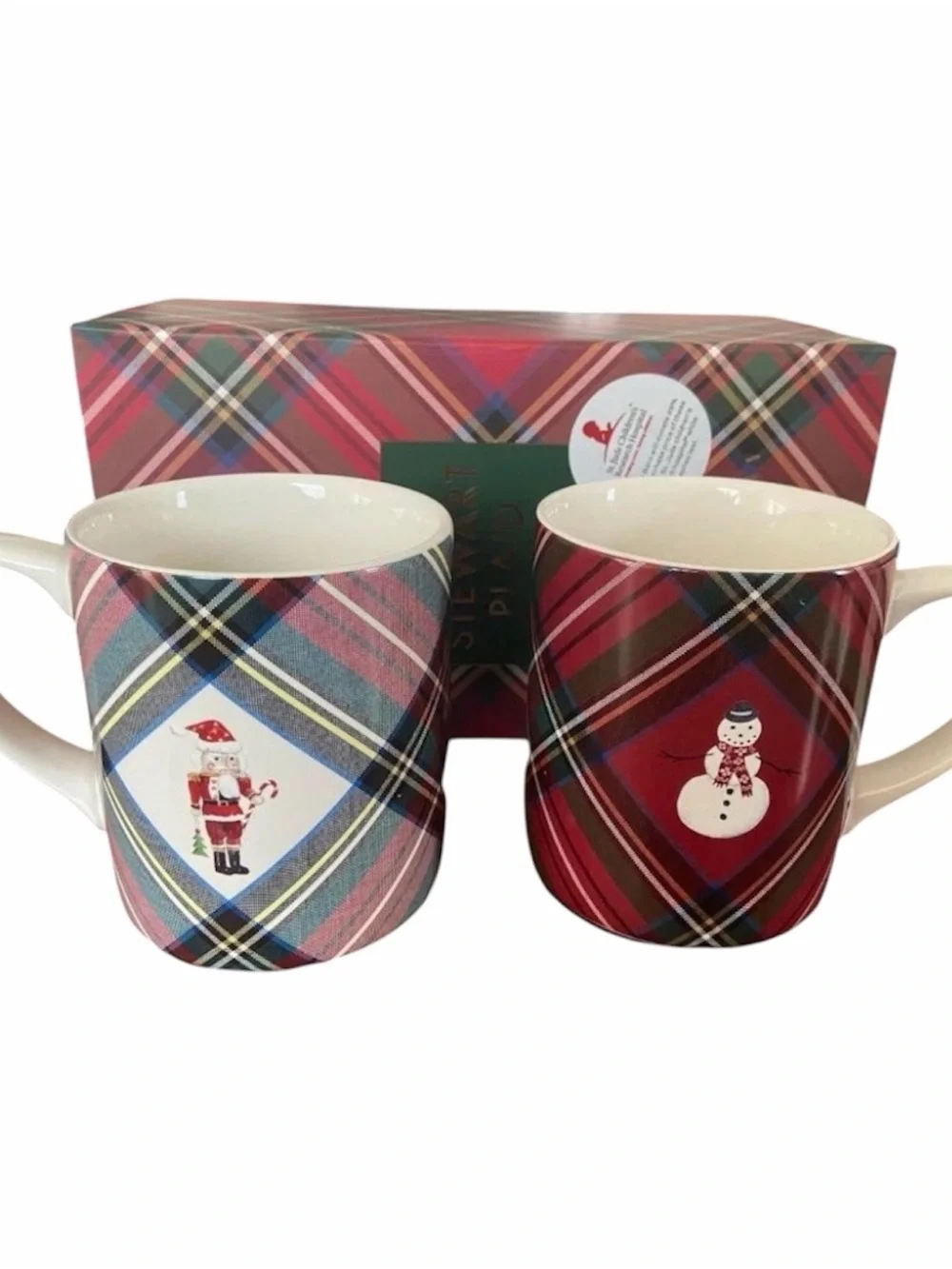 Pottery Barn Stewart Plaid Christmas  Mugs Snowman & Santa Nutcracker NIB